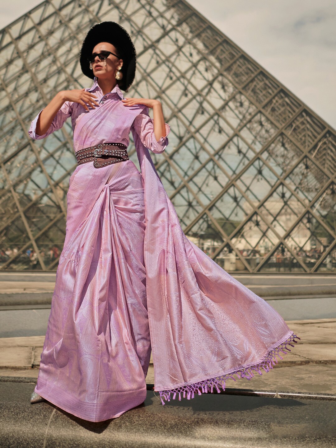 

Saree mall Ethnic Motifs Woven Design Zari Satin Sarees, Lavender