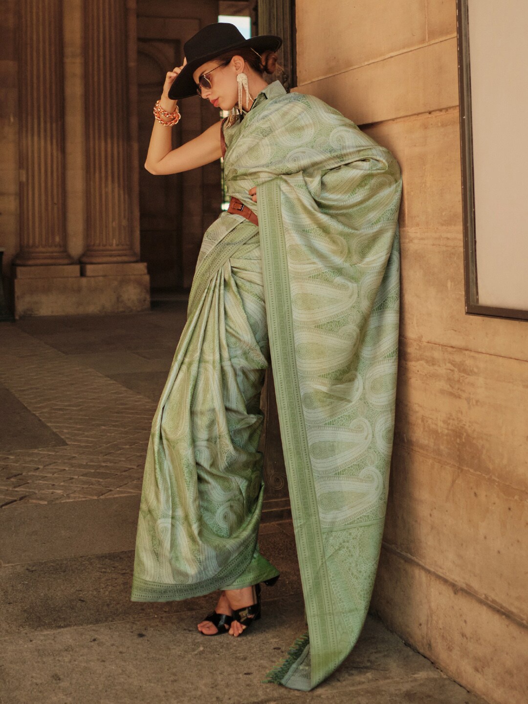 

Saree mall Ethnic Motifs Woven Design Zari Satin Sarees, Sea green