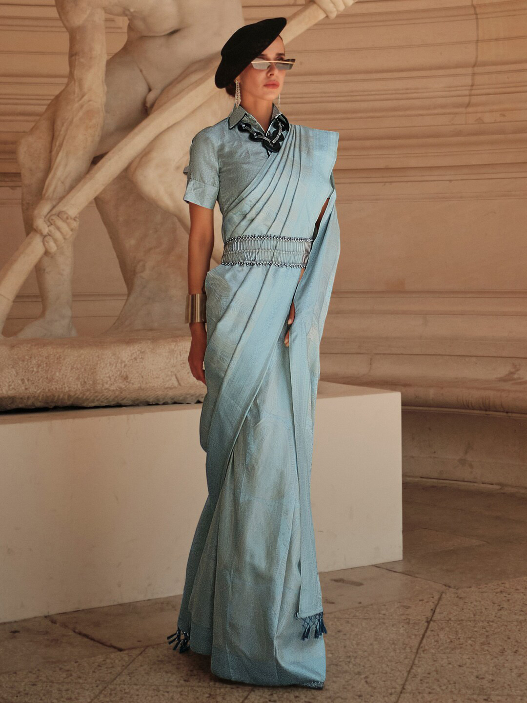 

Saree mall Ethnic Motifs Woven Design Zari Satin Sarees, Blue
