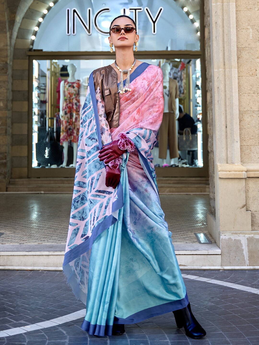 

Saree mall Blue & Pink Satin Block Print Sarees