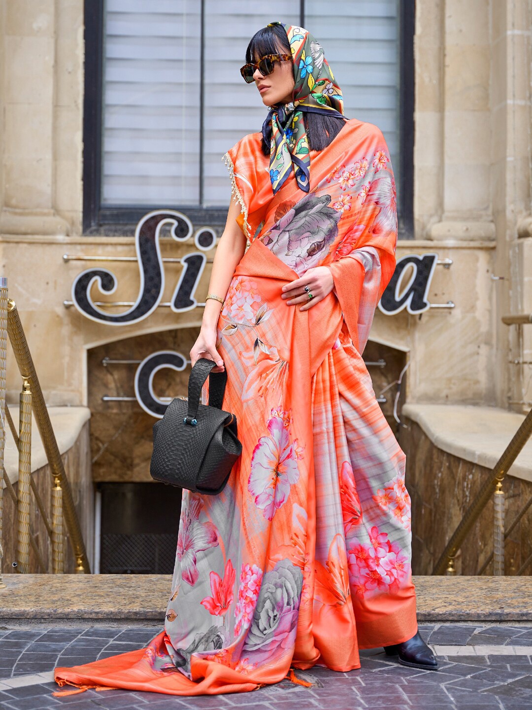 

Saree mall Orange & Grey Floral Printed Zari Pure Silk Sungudi Sarees
