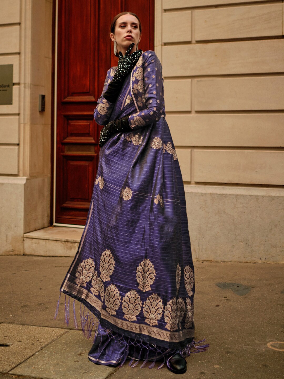 

Saree mall Navy Blue & Gold-Toned Woven Design Zari Satin Banarasi Sarees