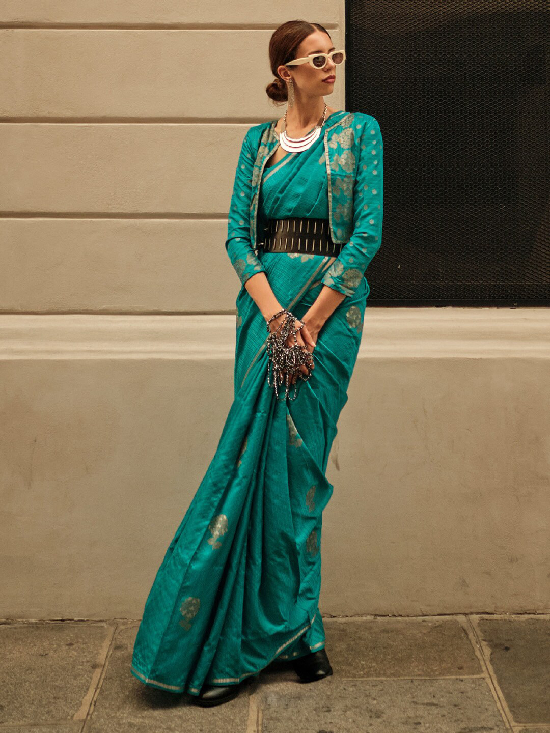 

Saree mall Blue & Gold-Toned Woven Design Zari Satin Banarasi Sarees