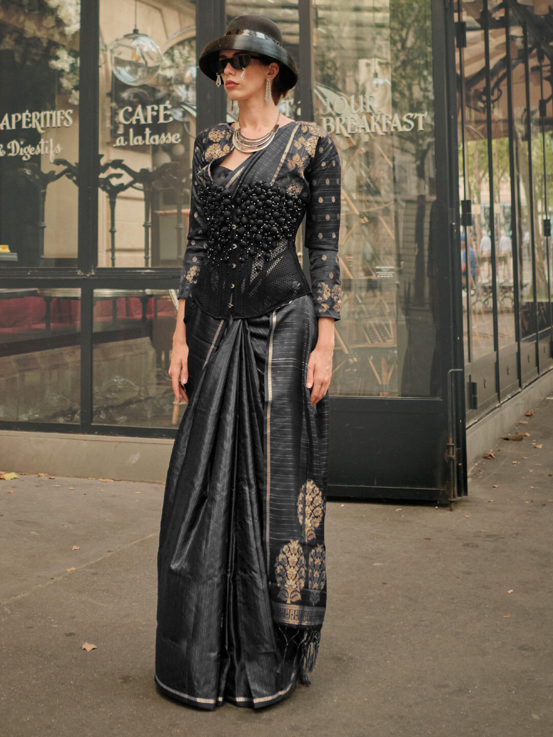 

Saree mall Ethnic Motifs Woven Design Zari Satin Banarasi Saree, Black