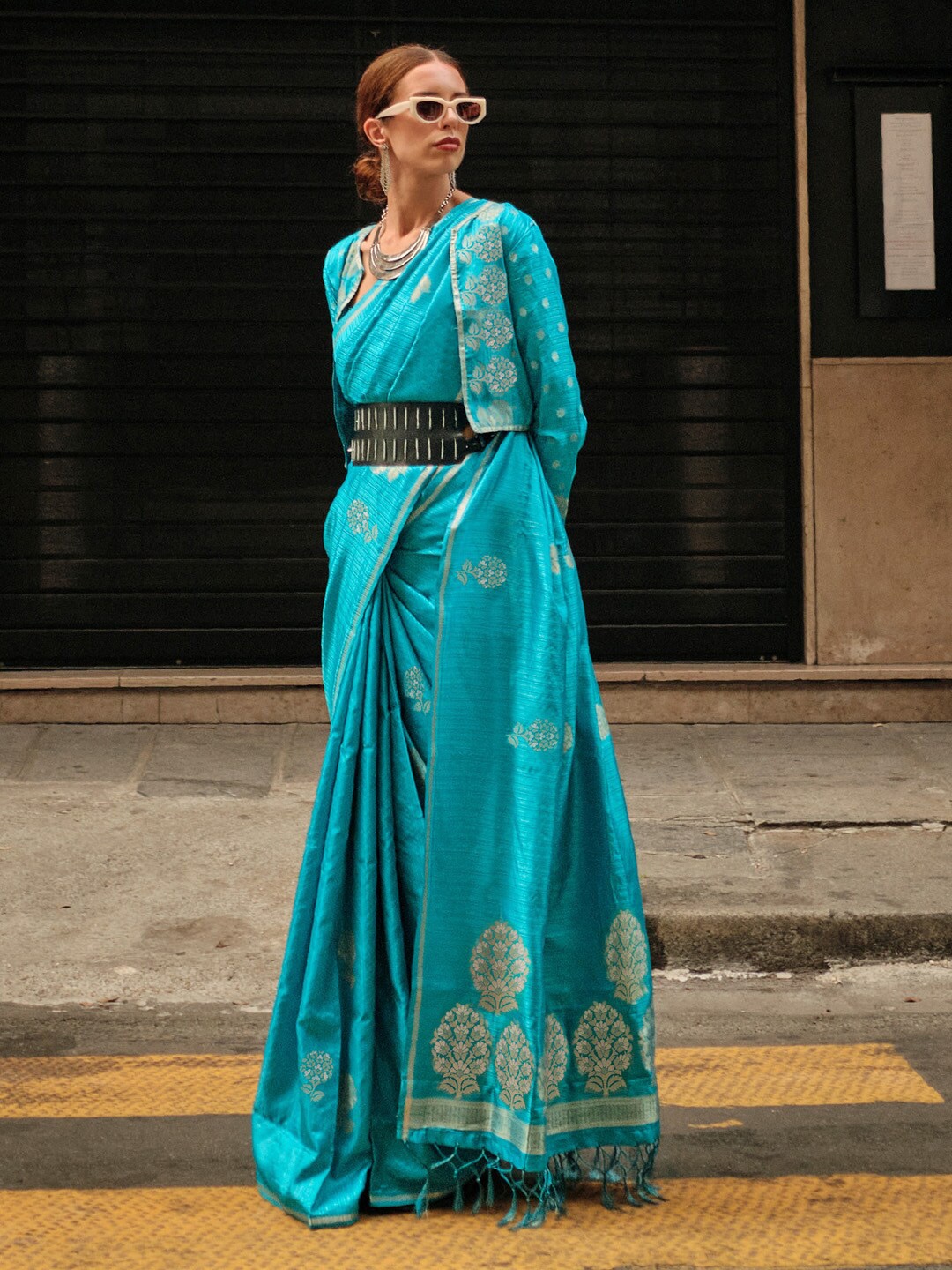 

Saree mall Floral Woven Design Zari Satin Banarasi Saree, Blue