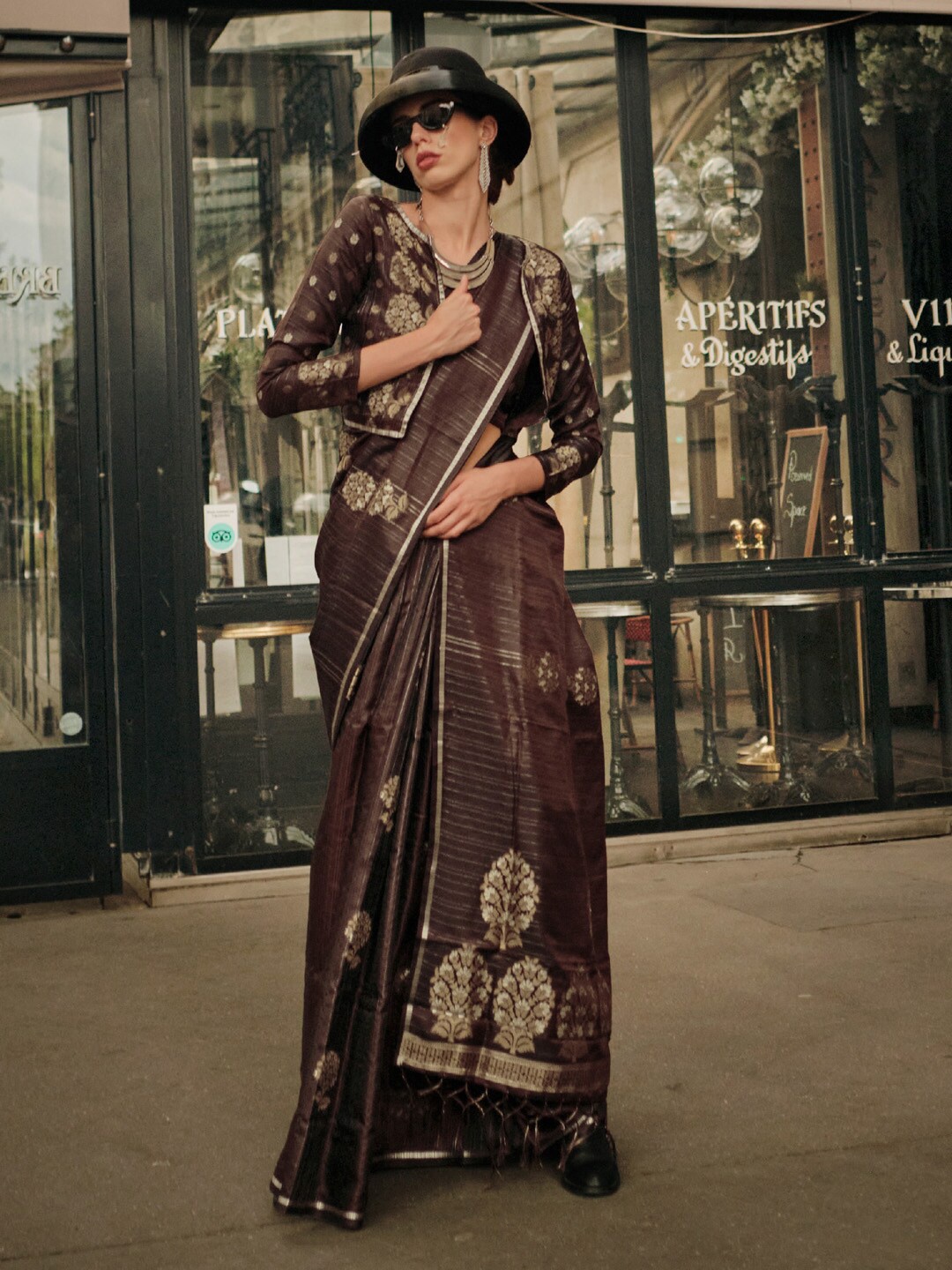 

Saree mall Floral Woven Design Zari Satin Banarasi Saree, Brown