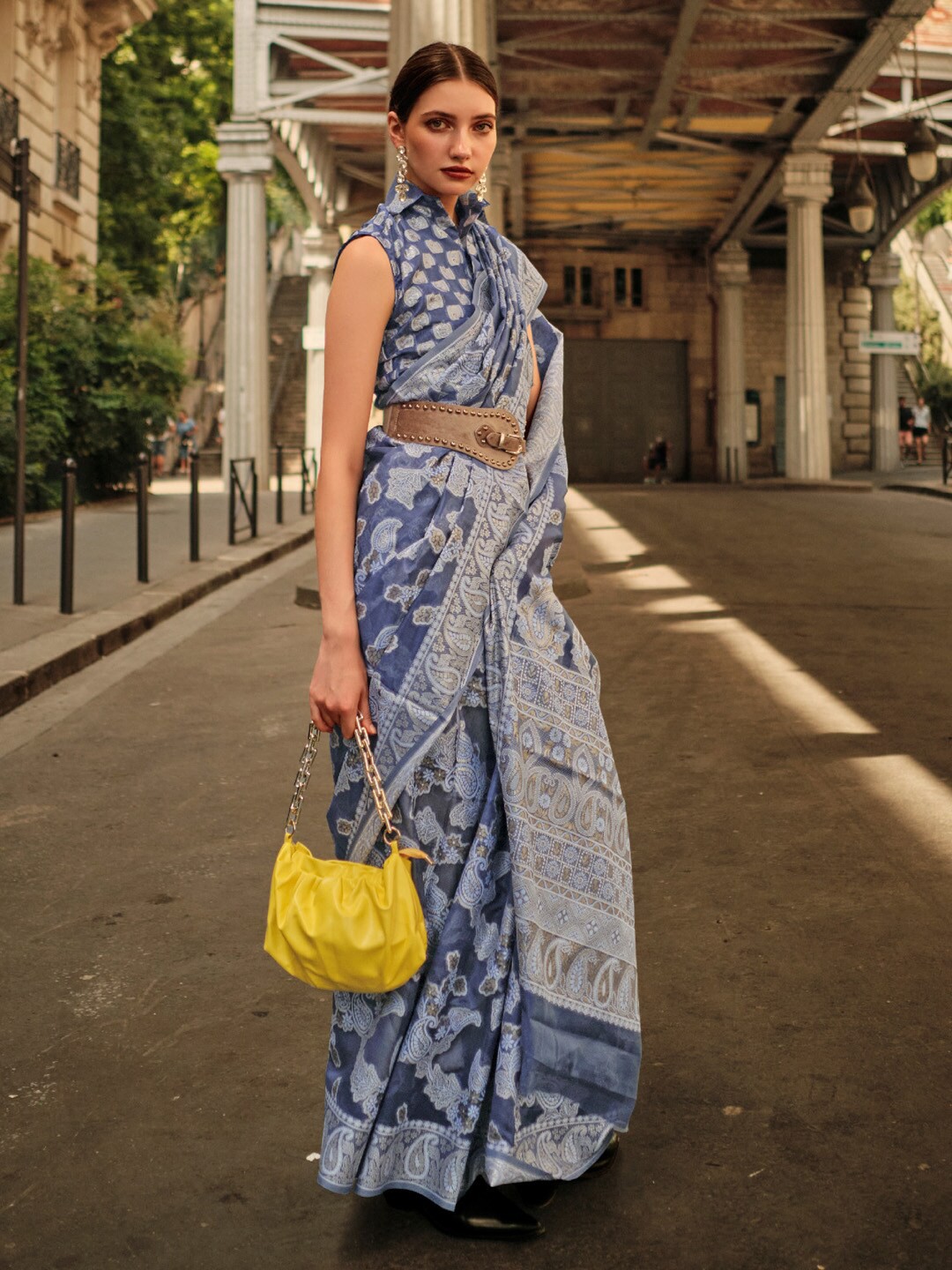 

Saree mall Grey & Blue Woven Design Zari Organza Muga Sarees