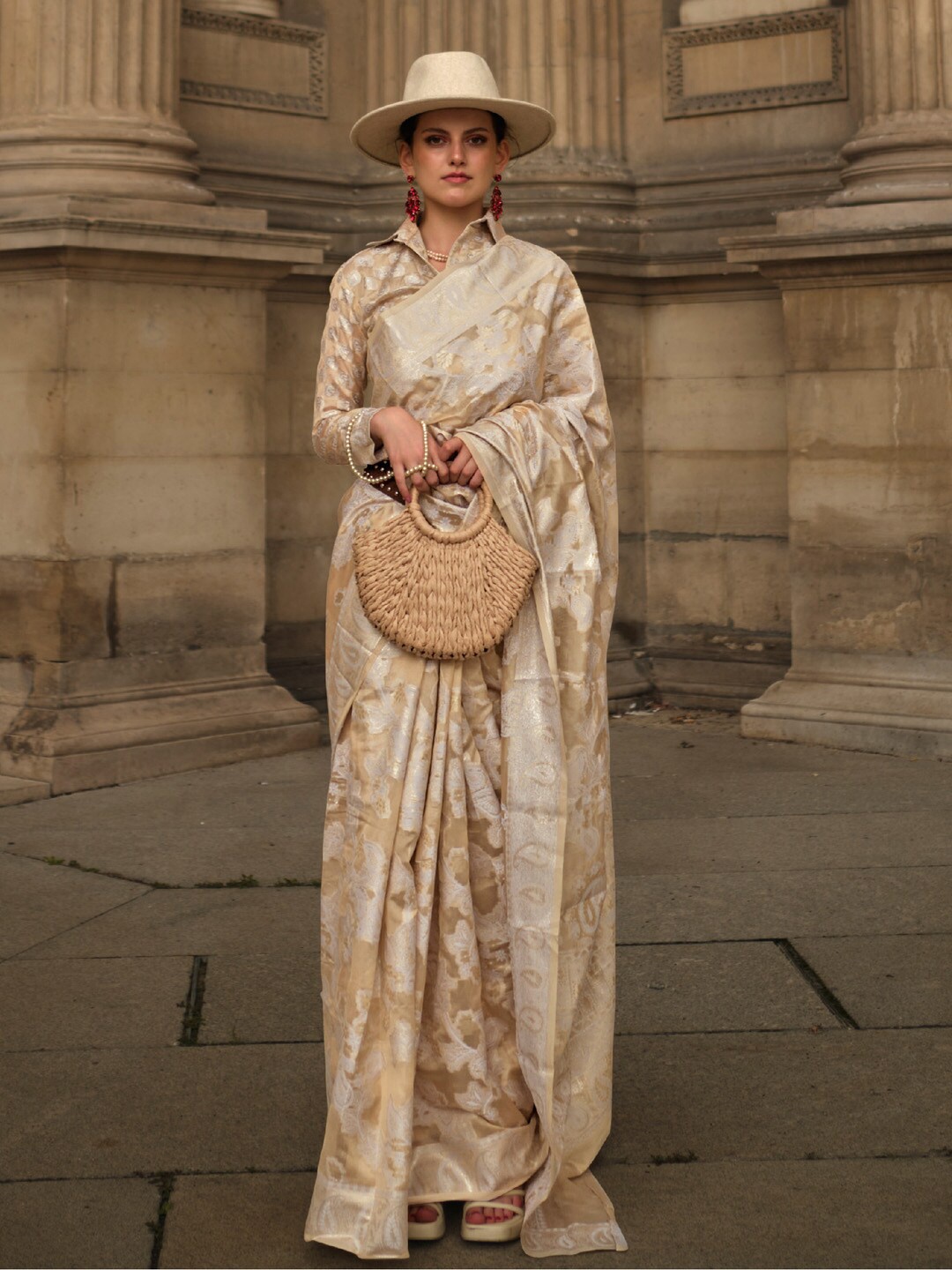 

Saree mall Paisley Woven Design Zari Organza Muga Saree, Cream