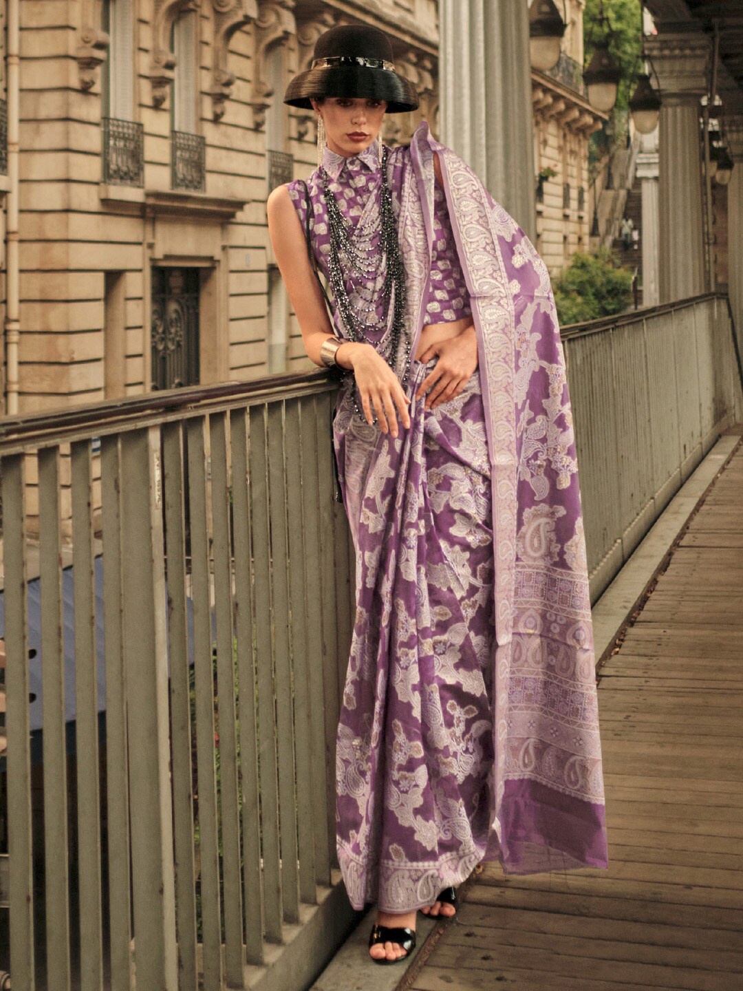 

Saree mall Paisley Woven Design Zari Organza Muga Saree, Mauve