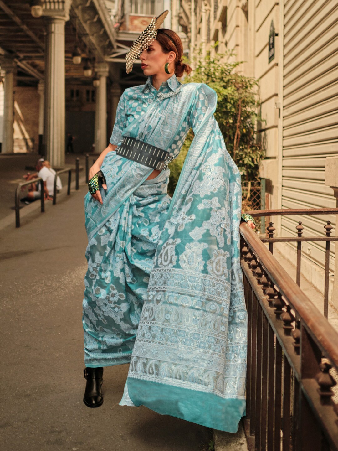 

Saree mall Paisley Woven Design Zari Detail Organza Sarees, Blue