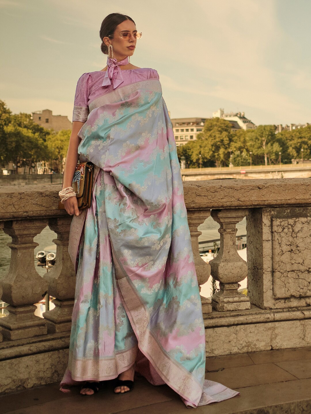

Saree mall Blue & Pink Ethnic Motifs Woven Design Zari Satin Banarasi Sarees