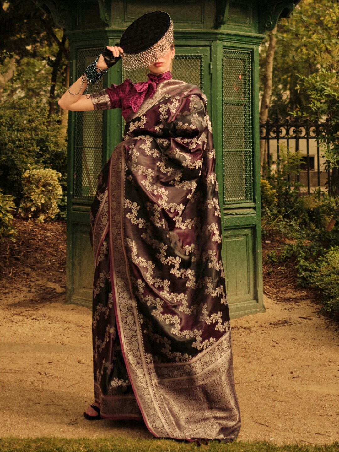 

Saree mall Floral Woven Design Zari Satin Banarasi Saree, Brown