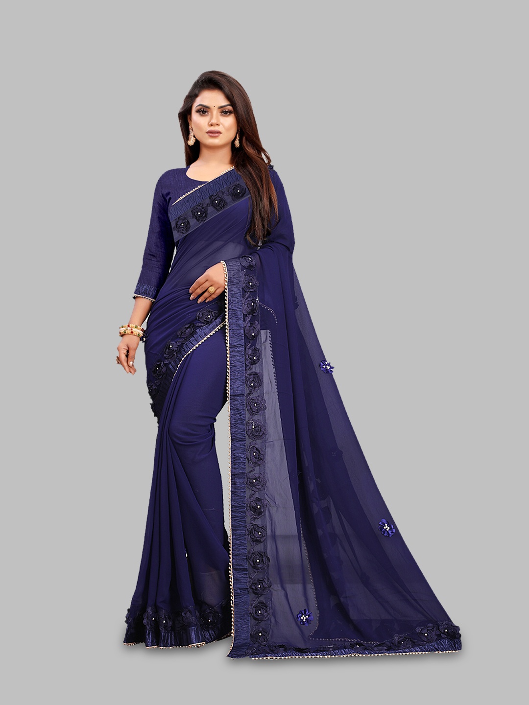 

N N ENTERPRISE Embellished Border Detail Net Leheriya Saree, Navy blue