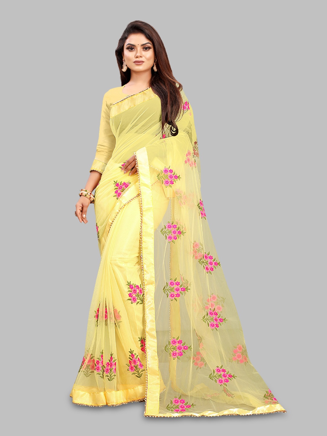 

N N ENTERPRISE Floral Embroidered Net Leheriya Saree, Yellow