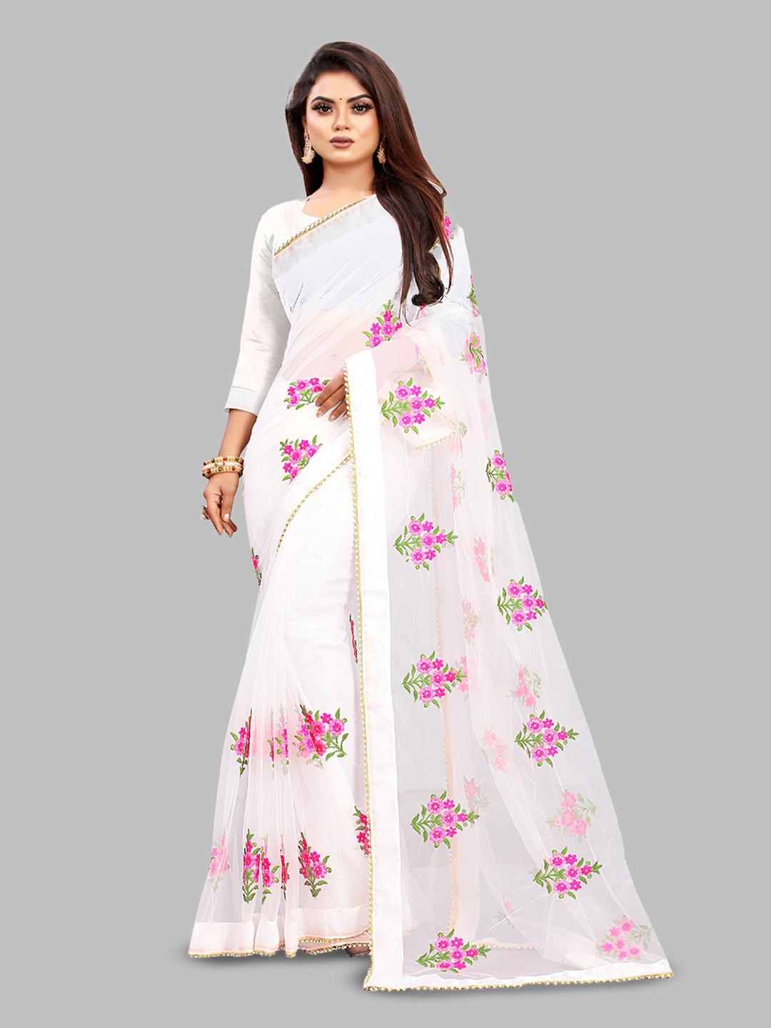 

N N ENTERPRISE Floral Embroidered Net Leheriya Saree, White