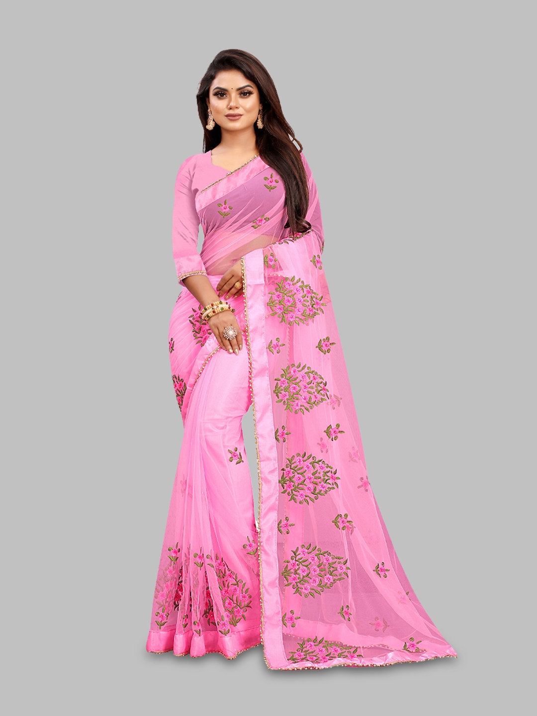 

N N ENTERPRISE Floral Beads and Stones Net Leheriya Saree, Pink