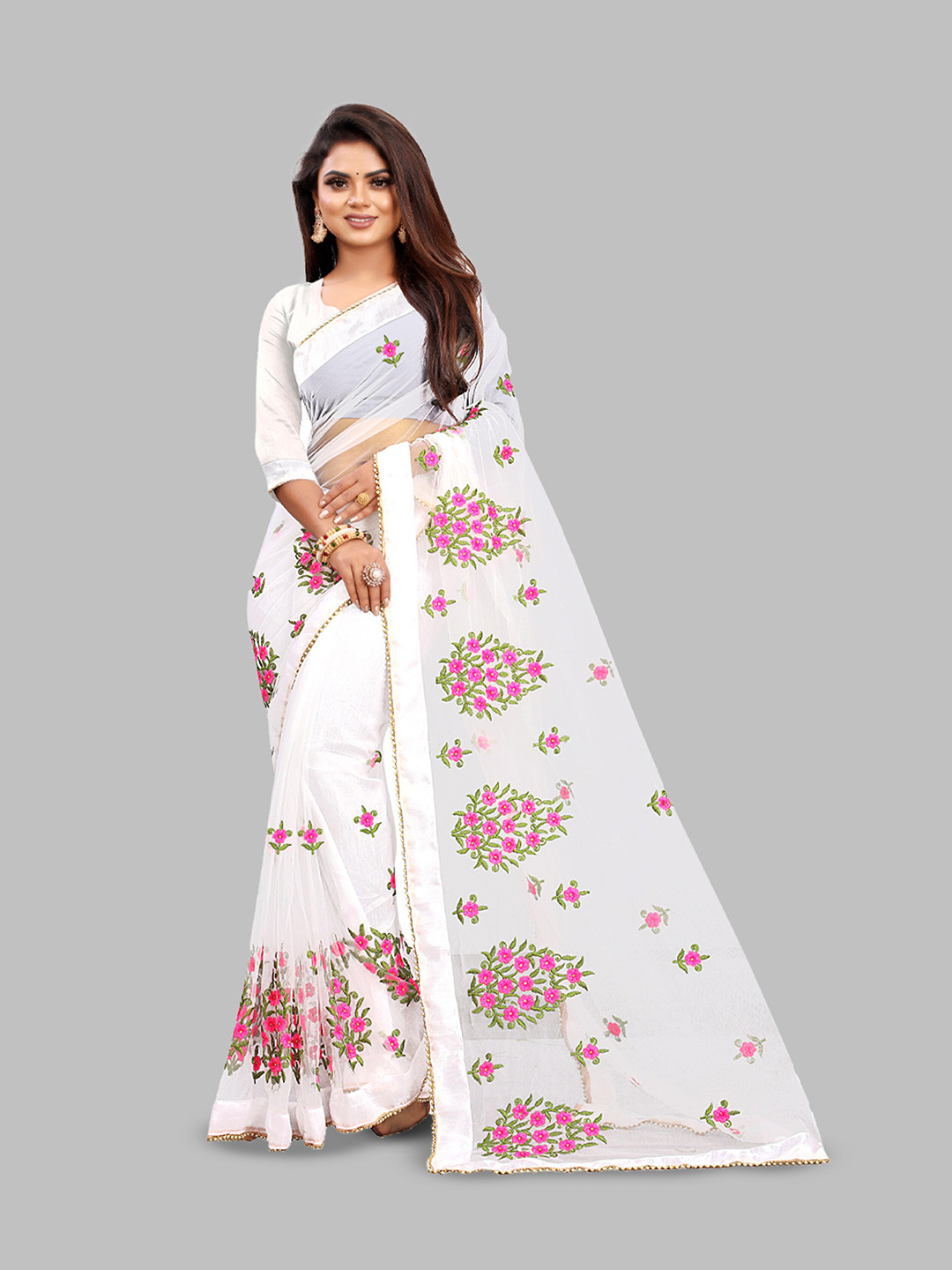

N N ENTERPRISE Floral Embroidered Net Leheriya Saree, White