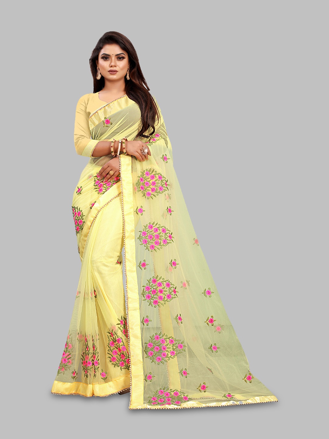 

N N ENTERPRISE Floral Embroidered Net Leheriya Saree, Yellow