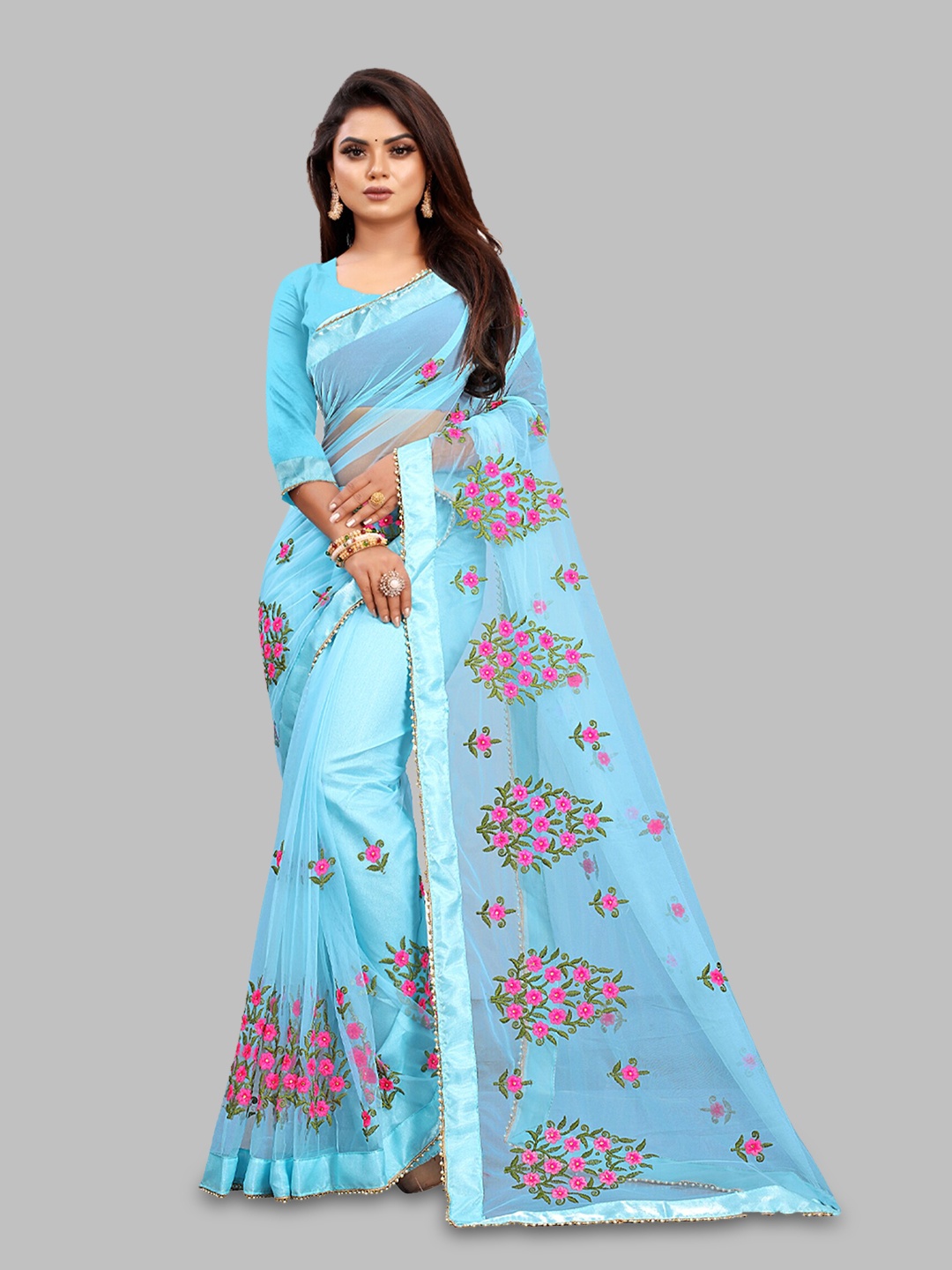 

N N ENTERPRISE Floral Embroidered Beads and Stones Net Leheriya Saree, Blue