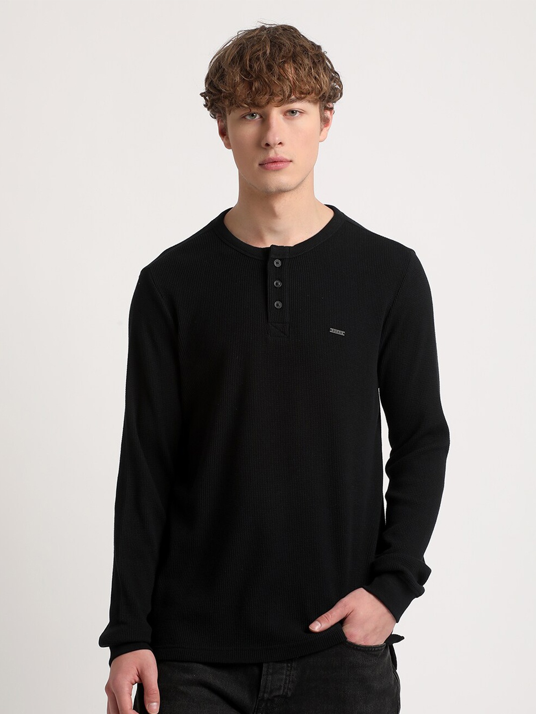 

THE BEAR HOUSE Henley Neck Pure Cotton Slim Fit T-shirt, Black