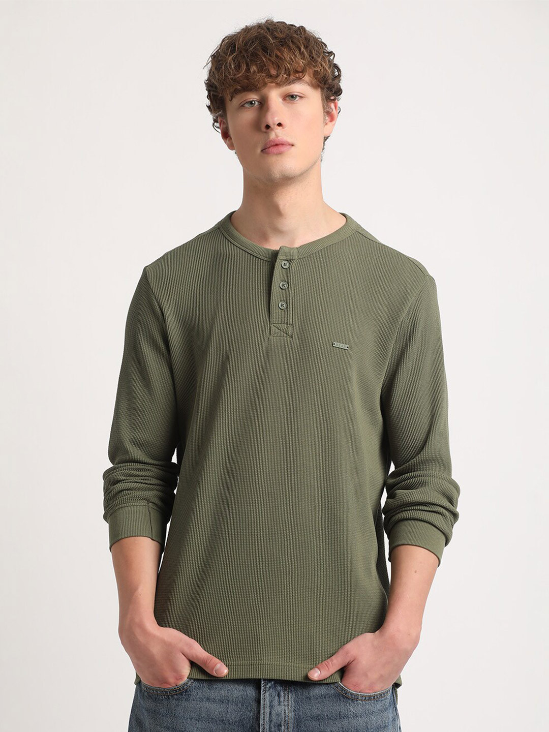 

THE BEAR HOUSE Henley Neck Pure Cotton Slim Fit T-shirt, Green