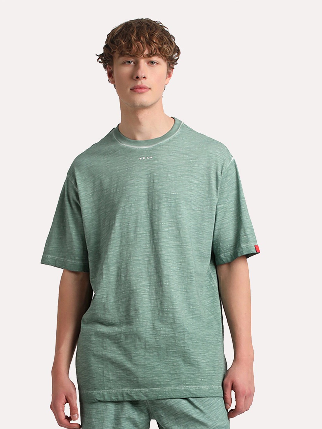 

THE BEAR HOUSE Round Neck Drop-Shoulder Pure Cotton T-shirt, Green