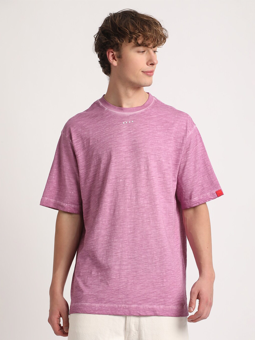 

THE BEAR HOUSE Round Neck Drop-Shoulder Pure Cotton T-shirt, Pink