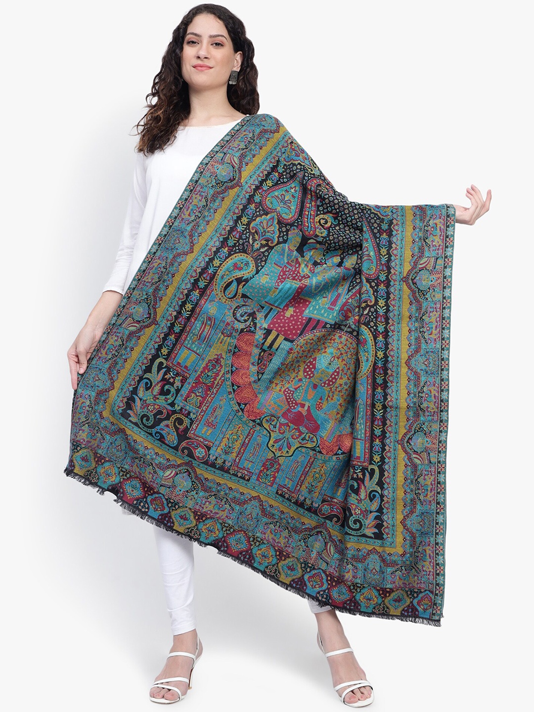 

Mizash Kaani Darbar Mughal Jaal Printed Woolen Shawl, Black