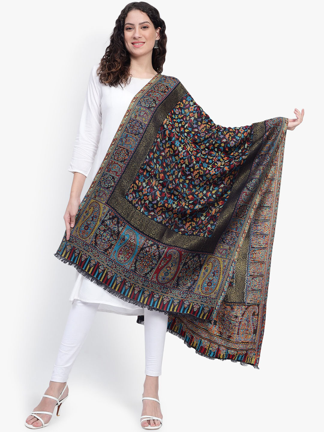 

Mizash Paisley Zari Border Stole, Black