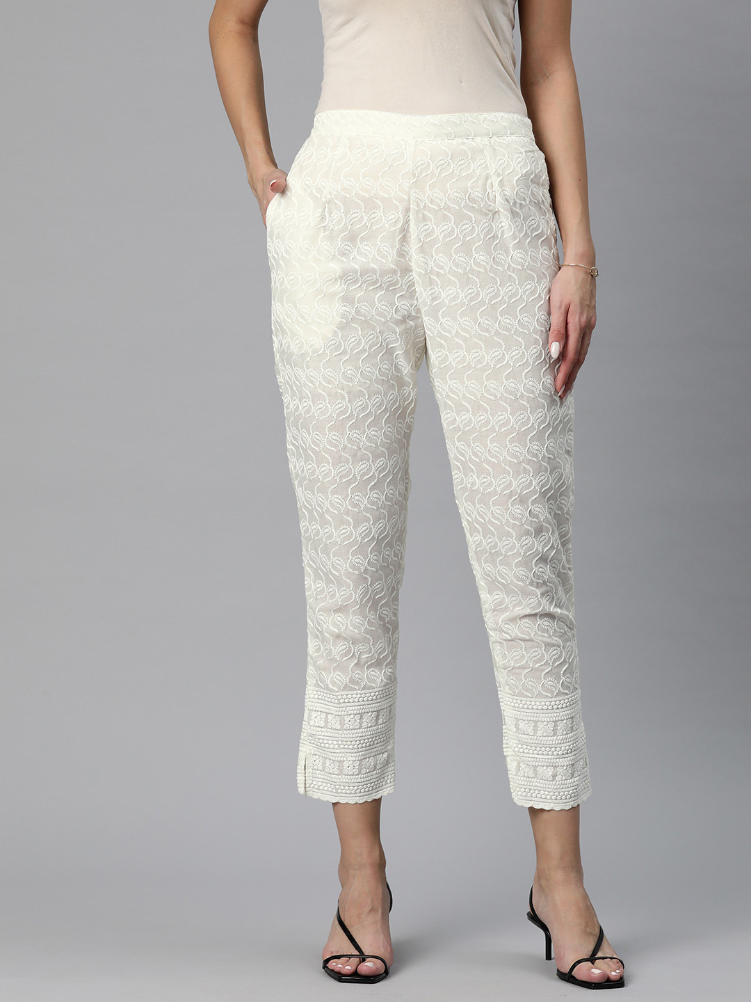 

Readiprint Women Ethnic Motifs Embroidered High-Rise Ethnic Trousers, Off white