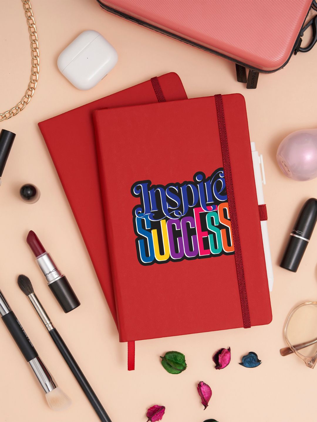 

Doodle Printed Leather Hardbound Ruled Notebook With Pen Loop, Red