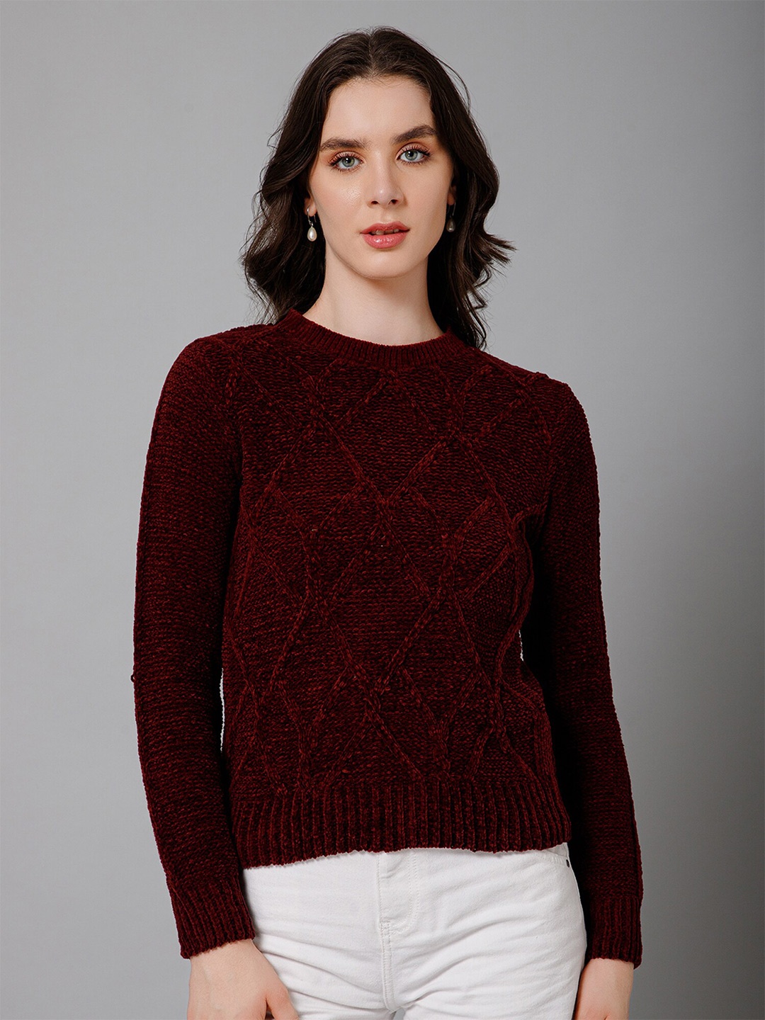 

Cantabil Cable Knit Round Neck Acrylic Pullover Sweaters, Maroon