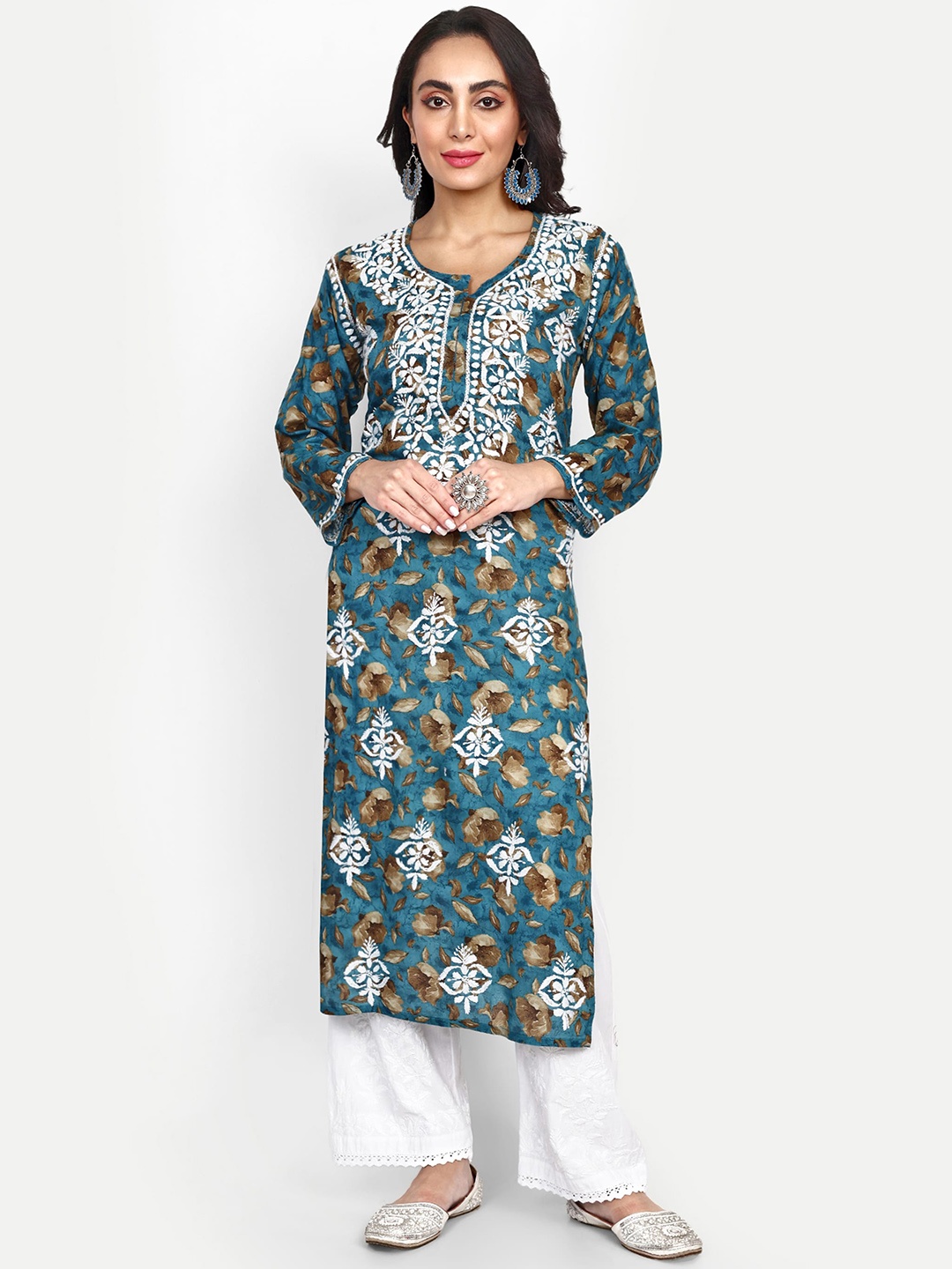 Indiankala4u Ethnic Motifs Printed Chikankari Pure Cotton Kurta, Green