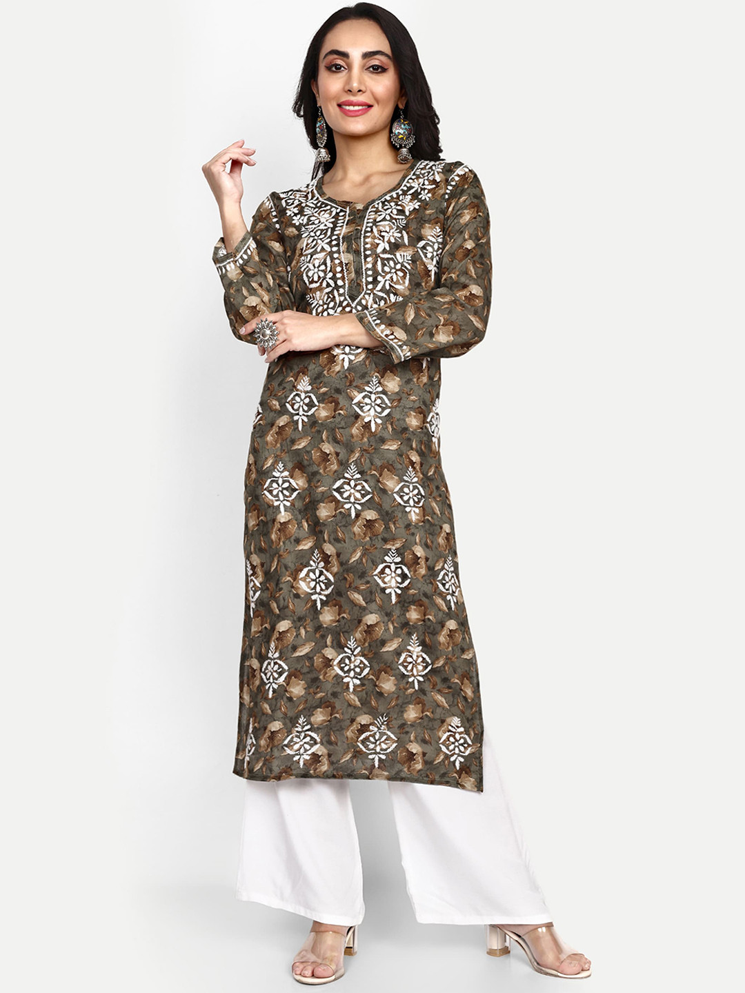 

Indiankala4u Ethnic Motifs Printed Chikankari Pure Cotton Kurta, Blue