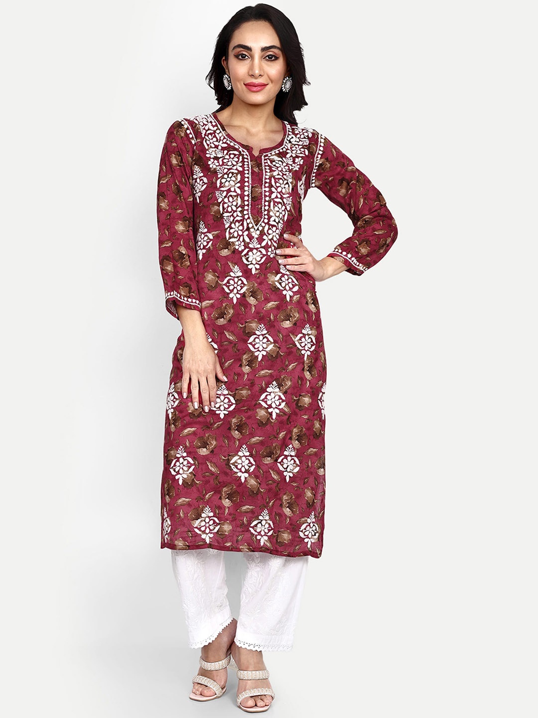 Indiankala4u Ethnic Motifs Printed Chikankari Pure Cotton Kurta, Pink