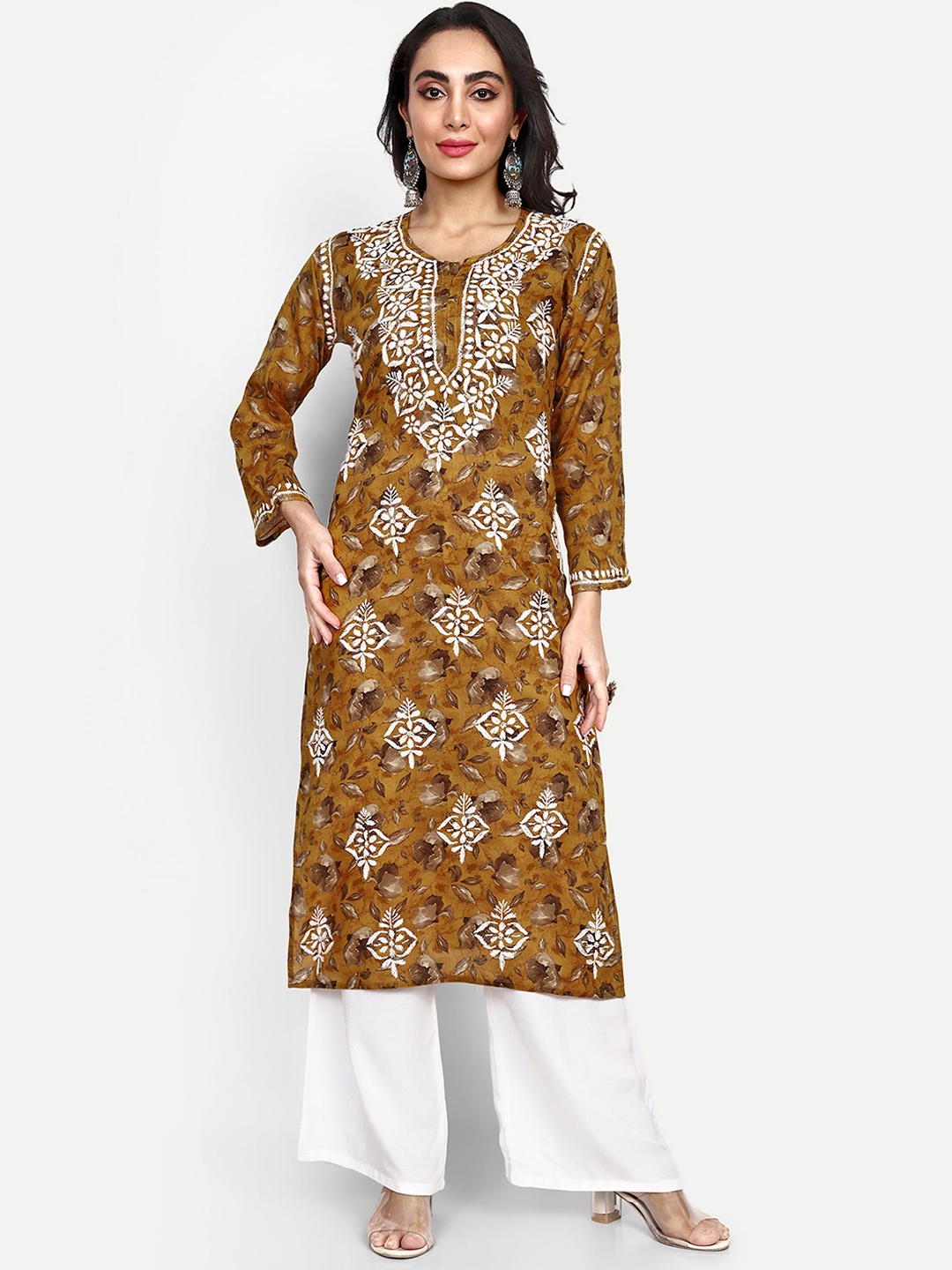Indiankala4u Ethnic Motifs Printed Chikankari Pure Cotton Kurta, Mustard