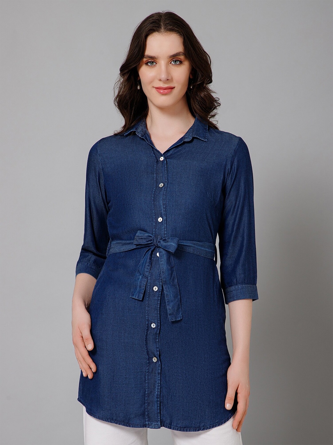 

Cantabil Shirt Collar Cotton Tunic, Navy blue