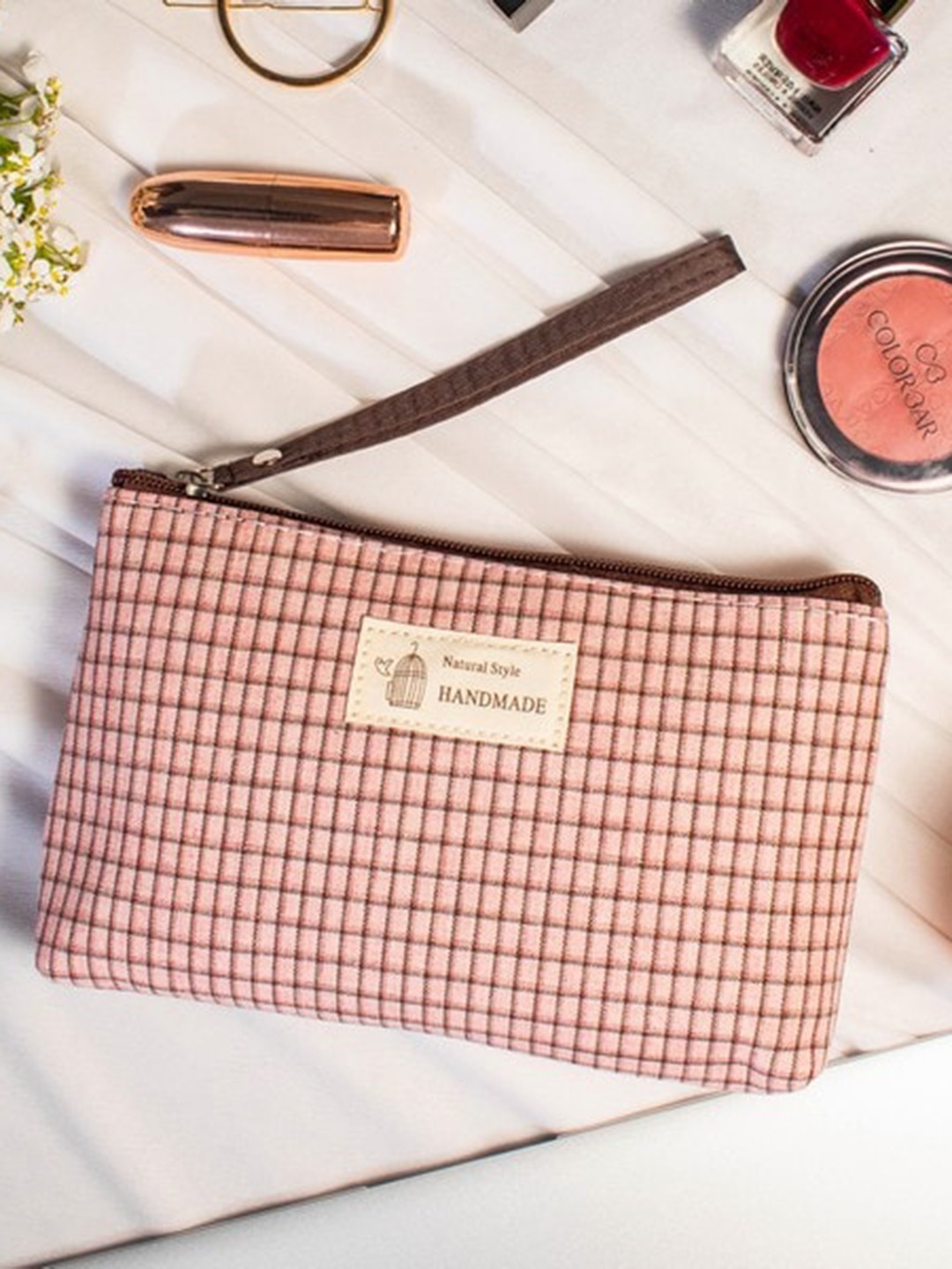 

Visual Echoes Checked Cotton Pouch, Peach