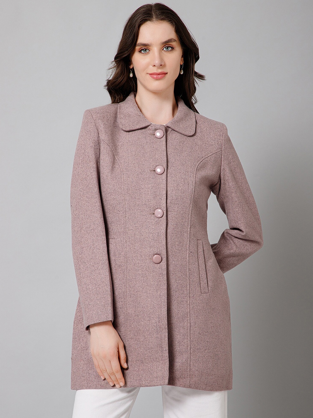 

Cantabil Spread Collar Acrylic Long Pea Coat, Pink