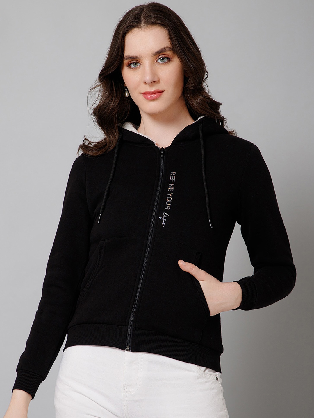 

Cantabil Hooded Fleece Front-Open Sweatshirt, Black