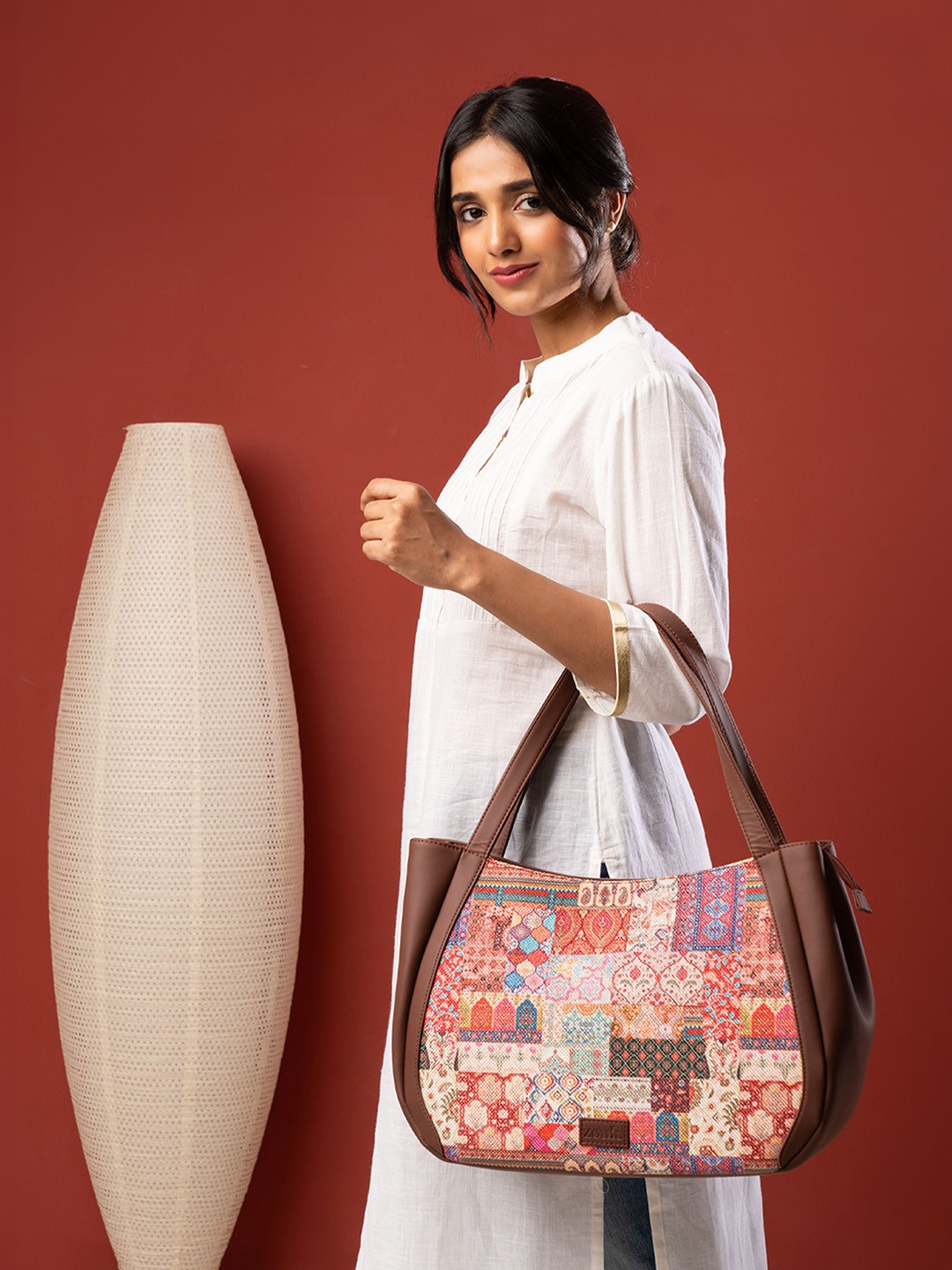 ZOUK Ethnic Motifs Printed Oversized Structured Jute Shoulder Bag, Orange