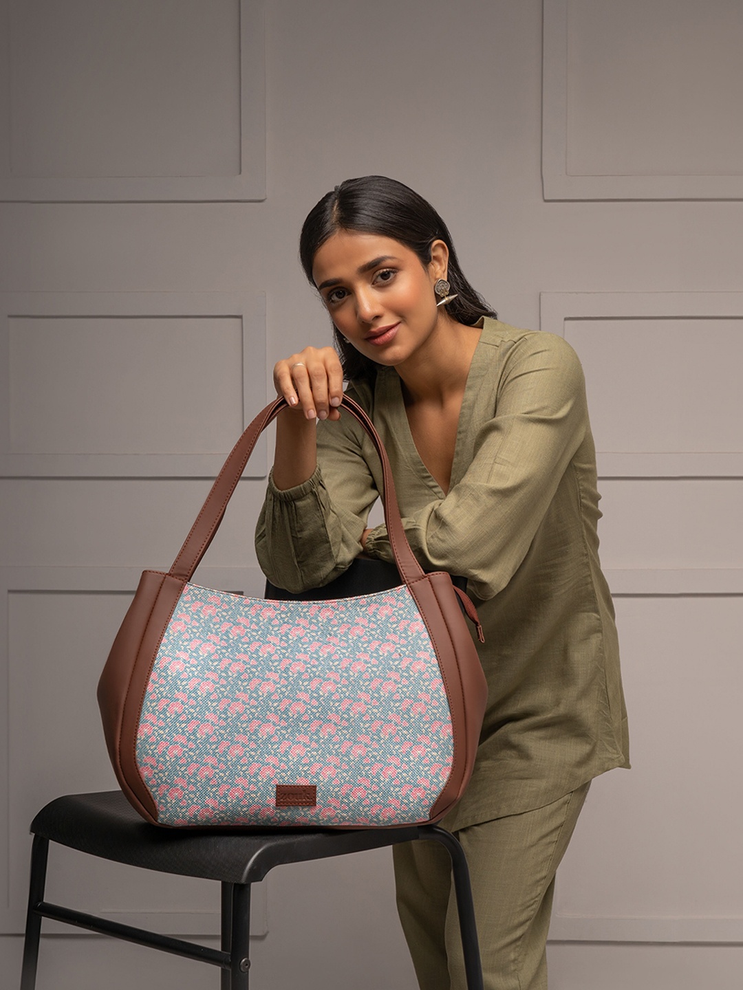

ZOUK Floral Printed Structured Jute Shoulder Bag, Blue