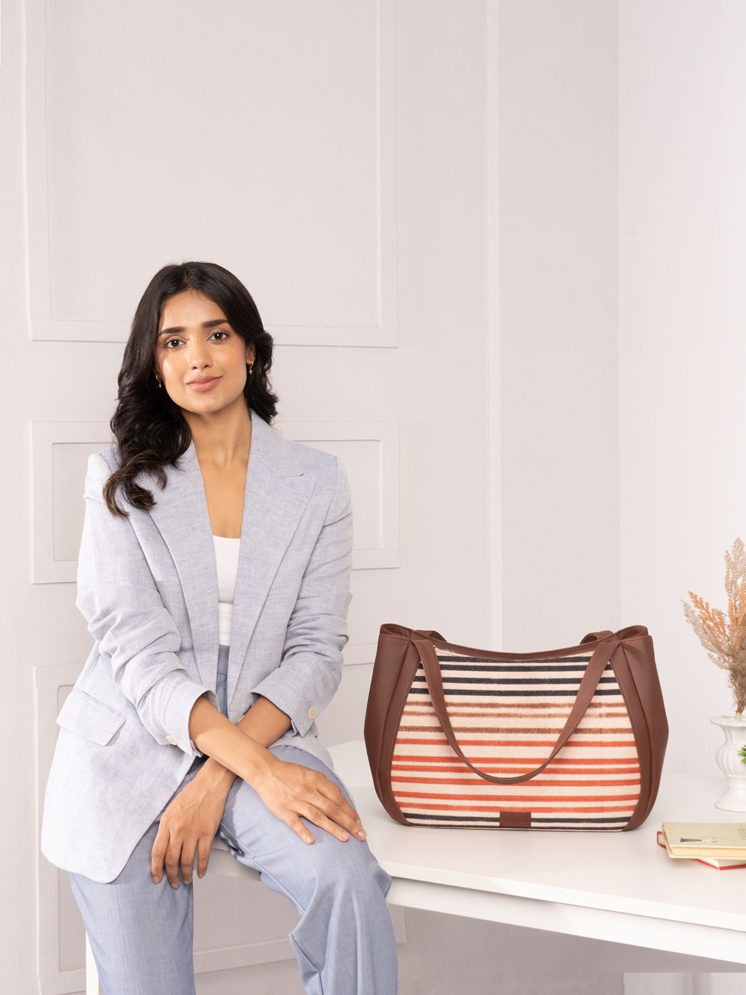 

ZOUK Striped Oversized Structured Jute Shoulder Bag Up To 16 Inch, Peach