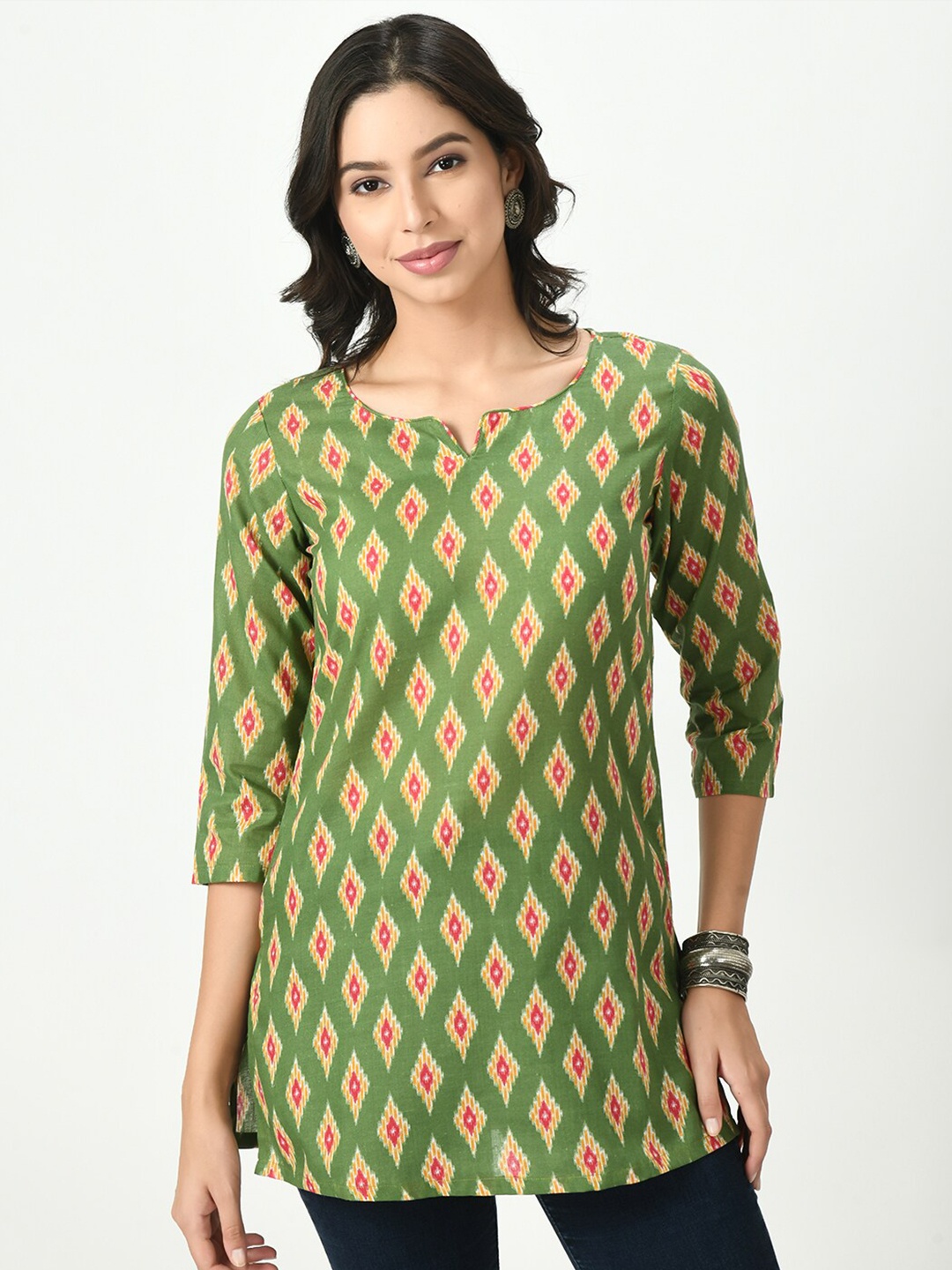 

KALINI Ethnic Motifs Printed Notched Neck Pure Cotton Straight Kurti, Green
