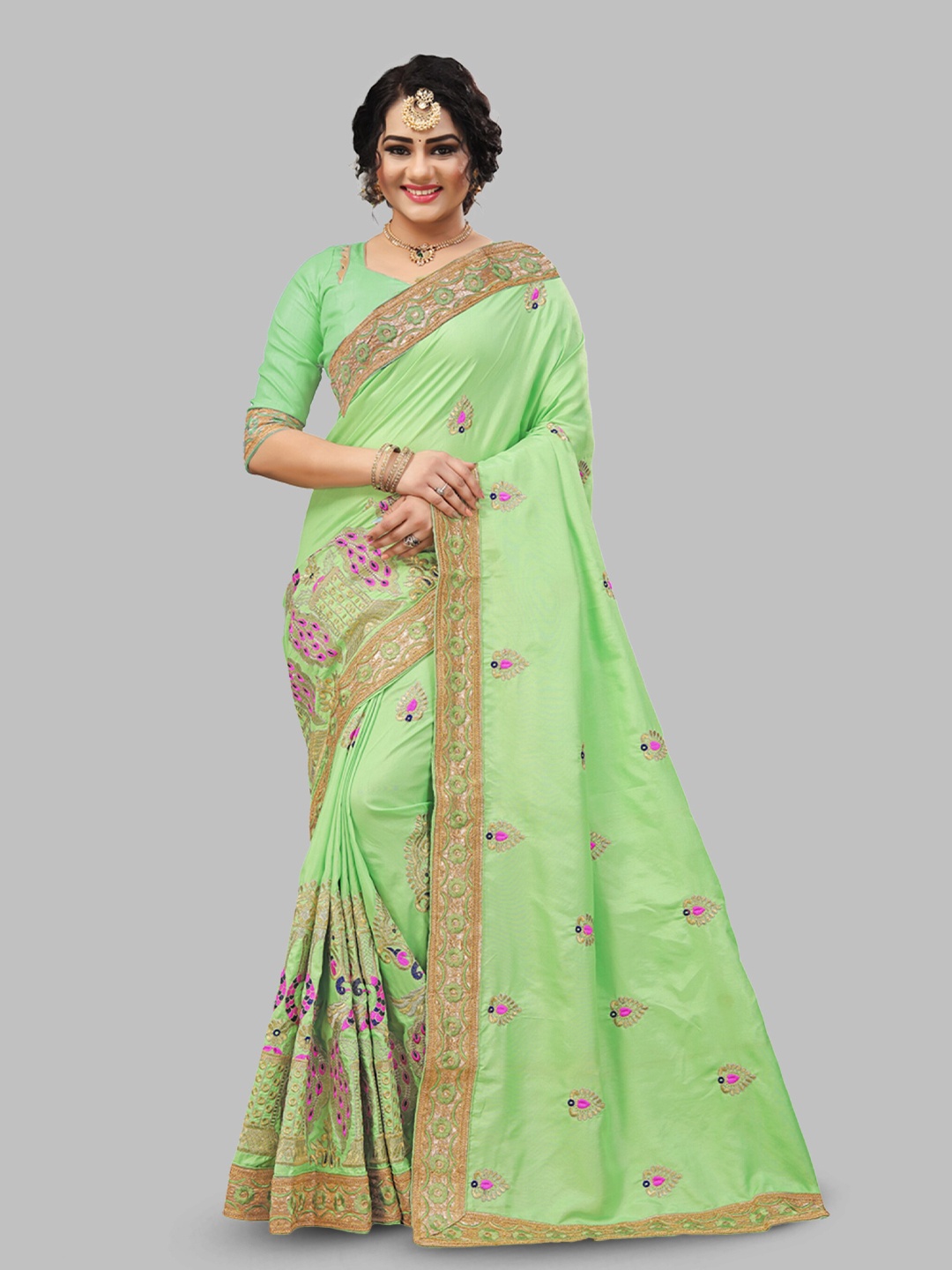 

N N ENTERPRISE Ethnic Motifs Embroidered Net Leheriya Saree, Green