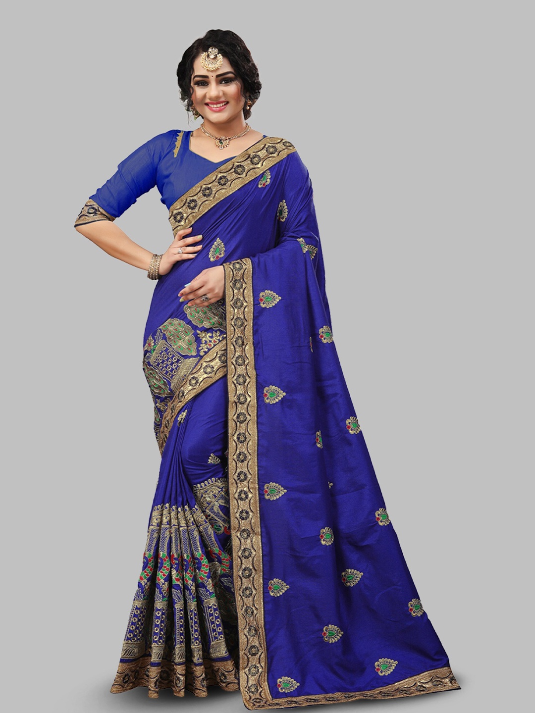 

N N ENTERPRISE Embroidered Net Leheriya Saree, Blue