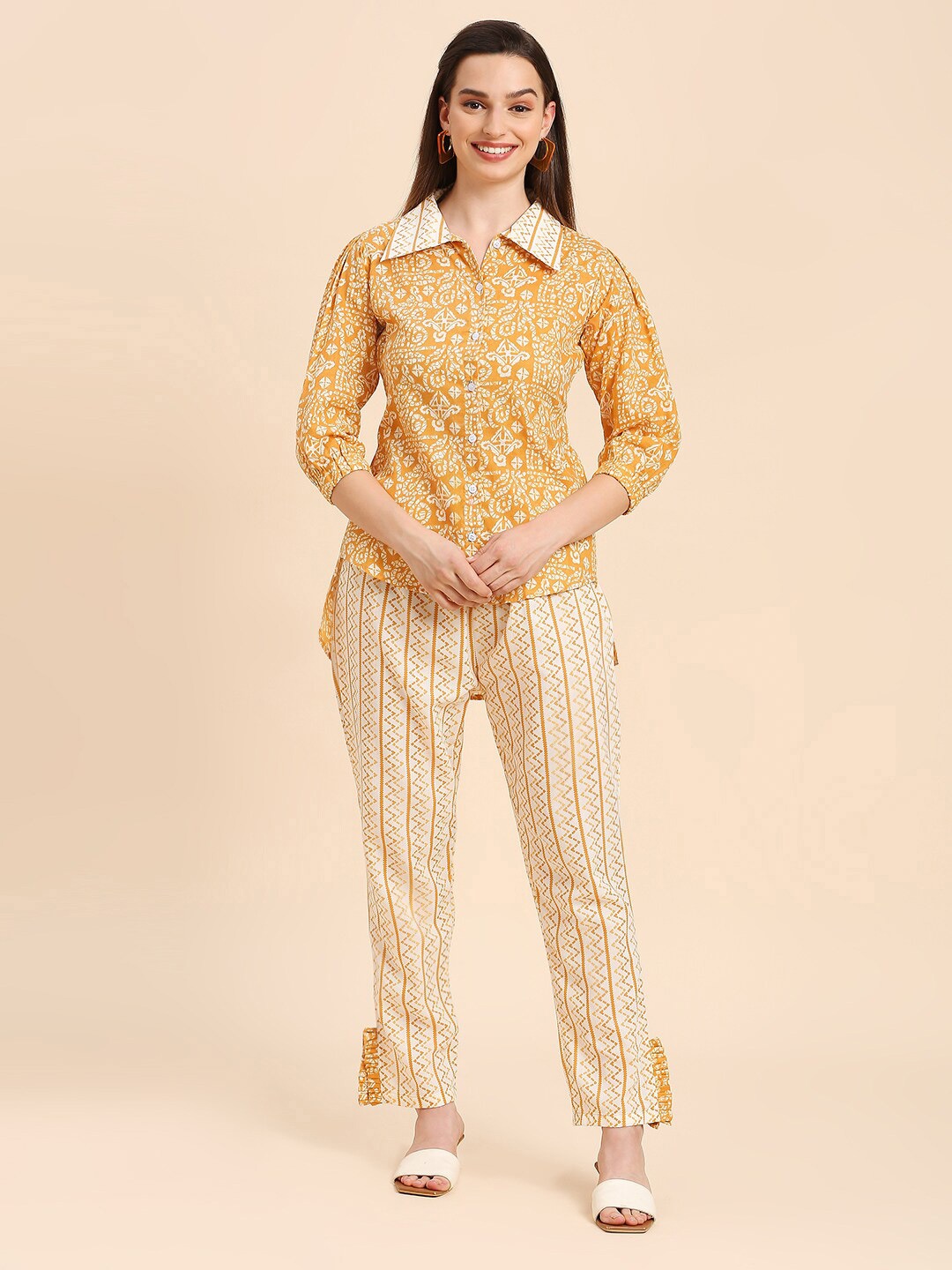 

GUFRINA Ethnic Motifs Printed Shirt Collar High Low Shirt & Trousers, Yellow
