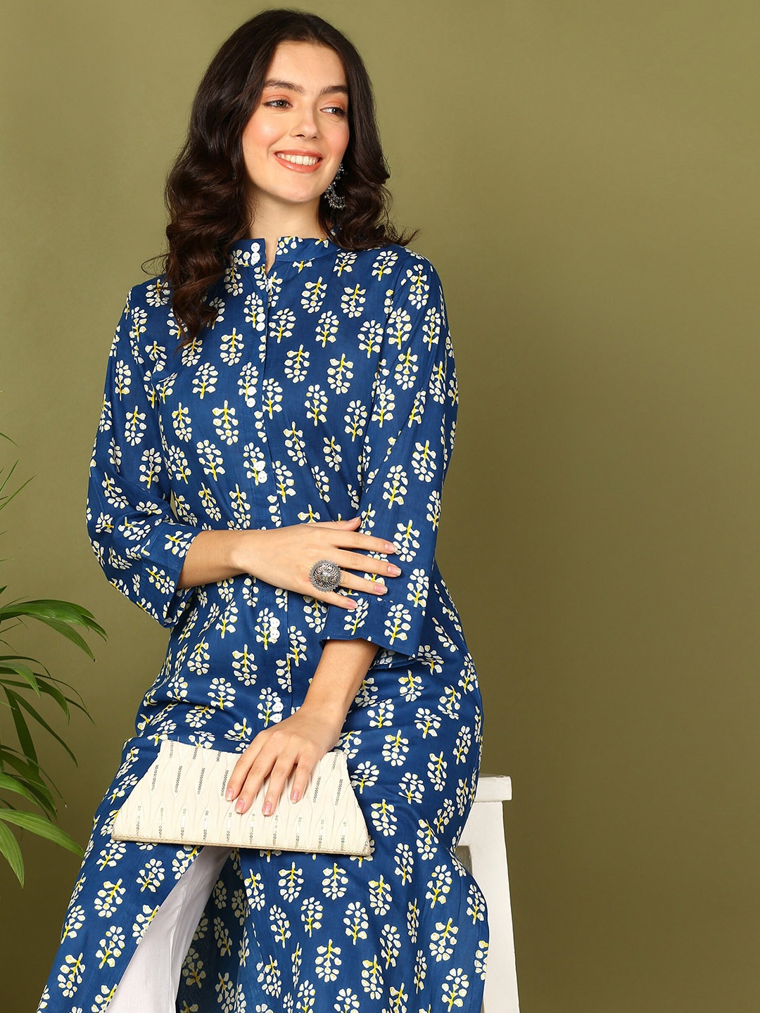 

Sangria Ethnic Motifs Printed Pure Cotton Kurta With Trouser, Blue