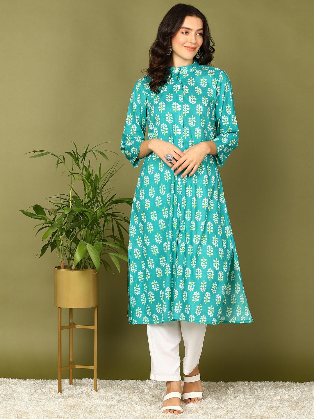 

Sangria Printed Pure Cotton A-line Kurta With Trousers, Sea green