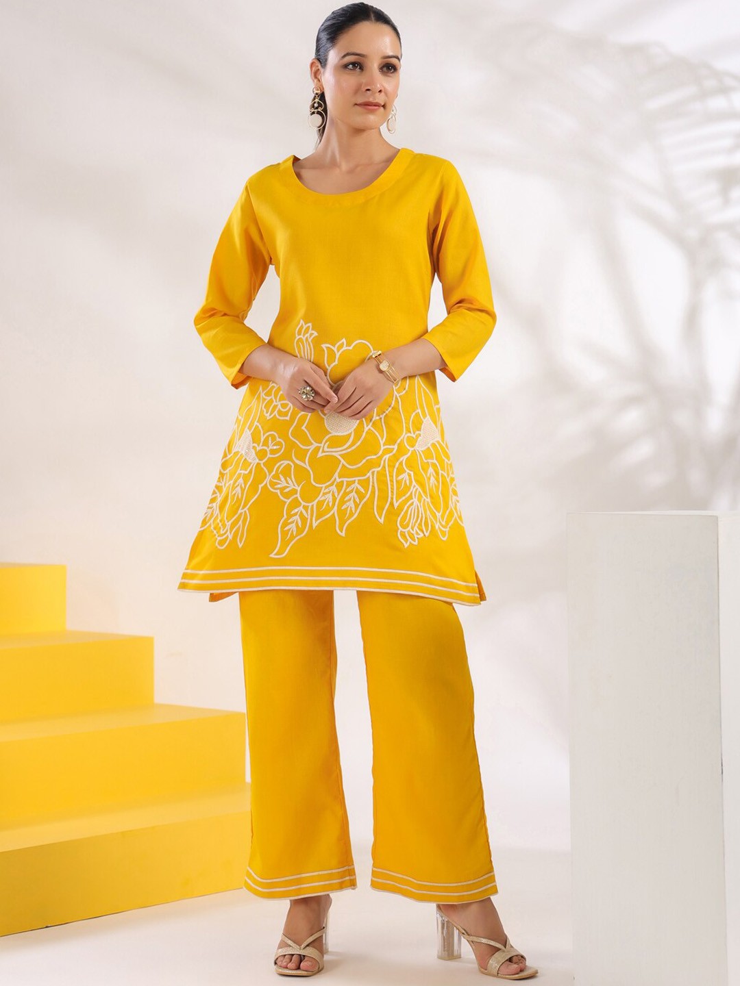 

Yufta Floral Embroidered Regular Pure Cotton Tunic with Trousers, Mustard